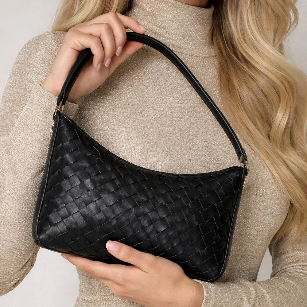WALTER BAKER Leather Hazel Hand Woven Shoulder Bag Black